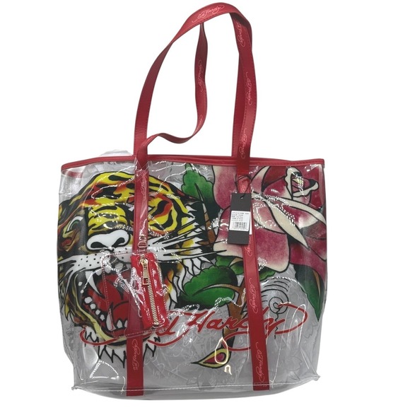 Ed Hardy Tiger Rose Clear PVC Tote‎ Bag Handbag with Red Trim and Pouch $159 - Picture 2 of 14